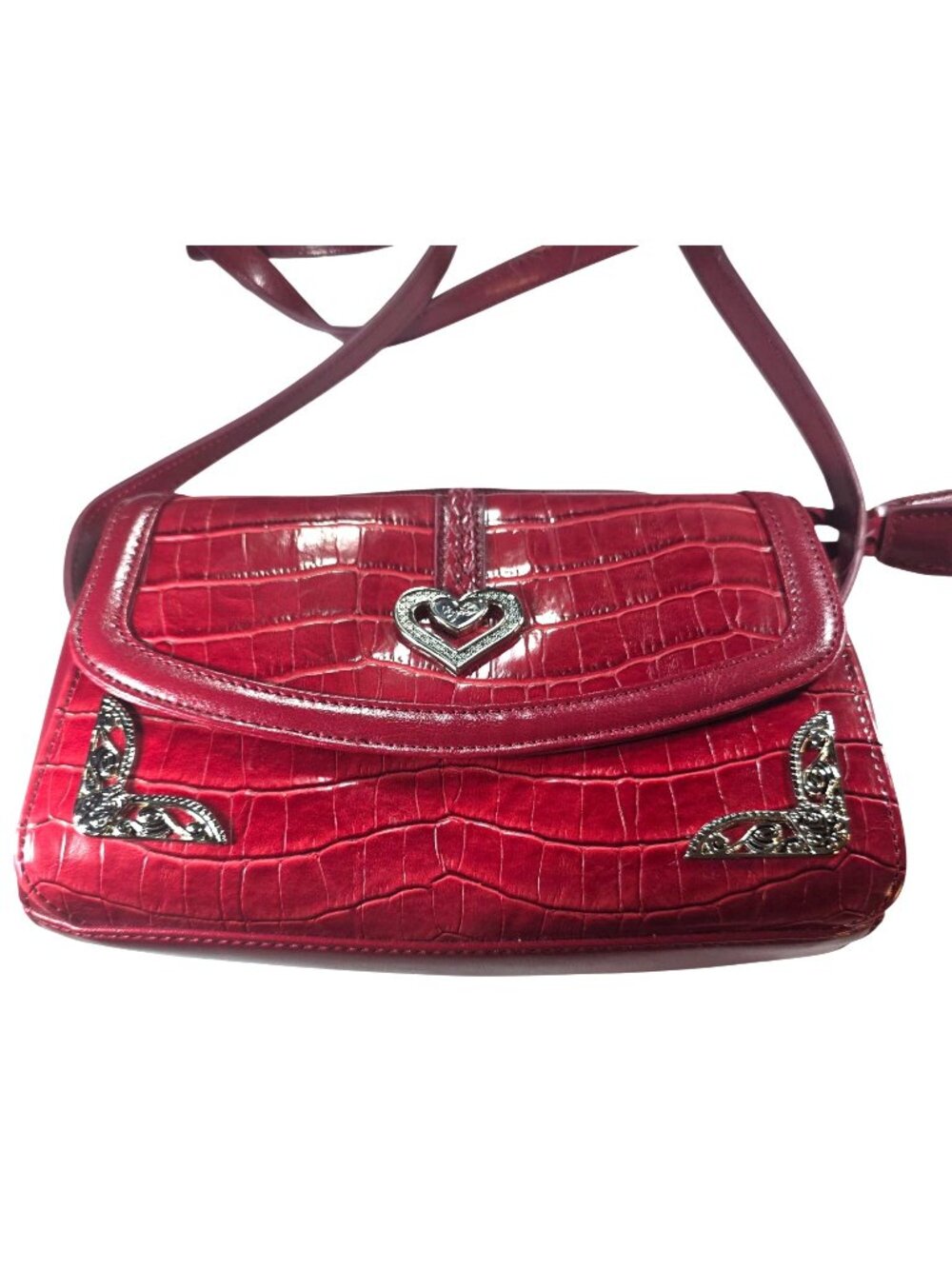 Brighton Purse Red Croc-Embossed Shoulder Bag Silver tone Heart Purse Handbag